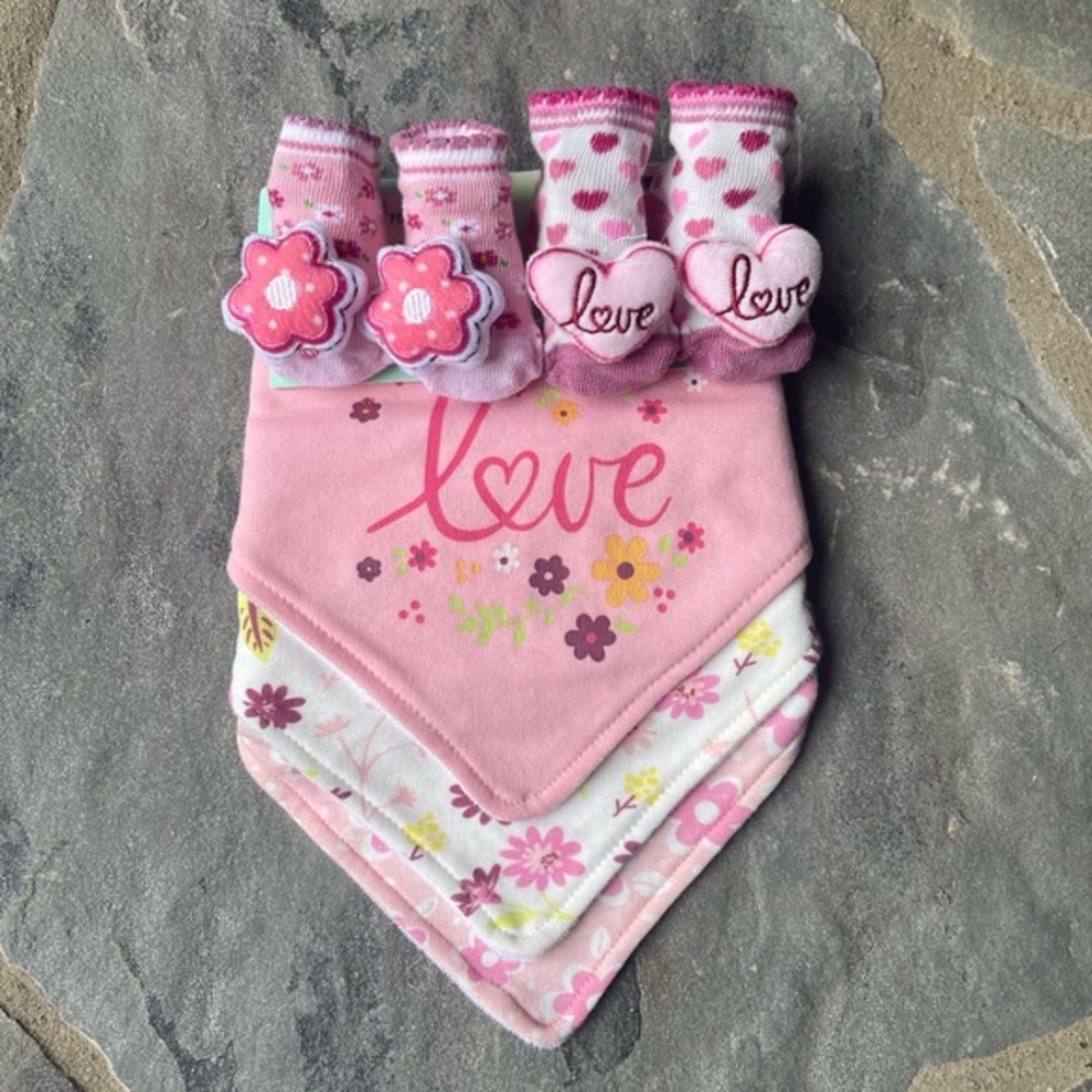 Baby Elements 5 Piece Baby Girl 3 bandana bib Set 2 Set Of Sock